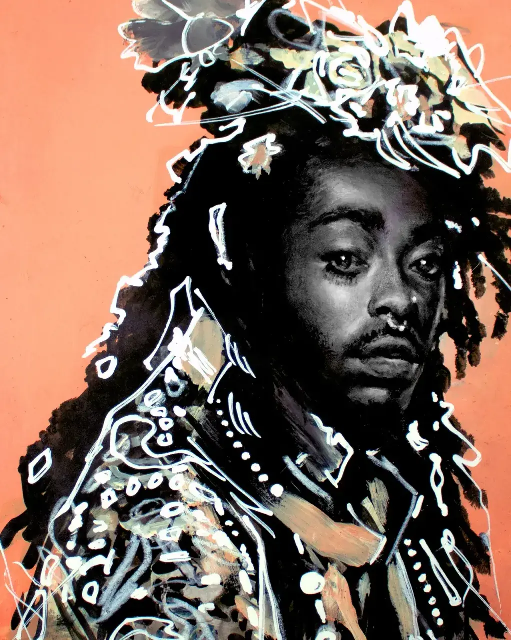 Mixed-media portrait of a Black man against a coral ground with white ornamental marks across the figure.