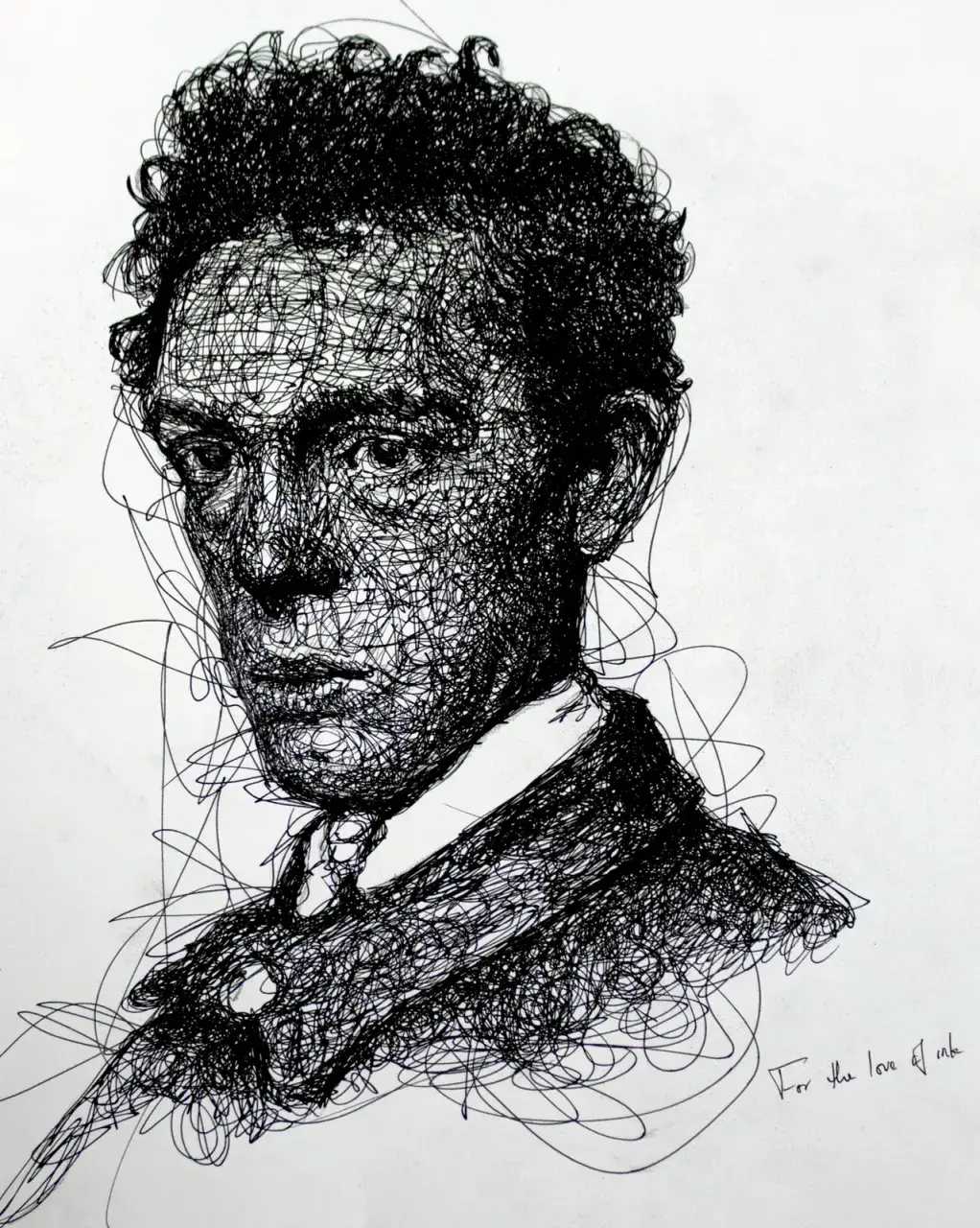 Black ink scribble portrait of a suited man with a handwritten note reading For the love of ink.