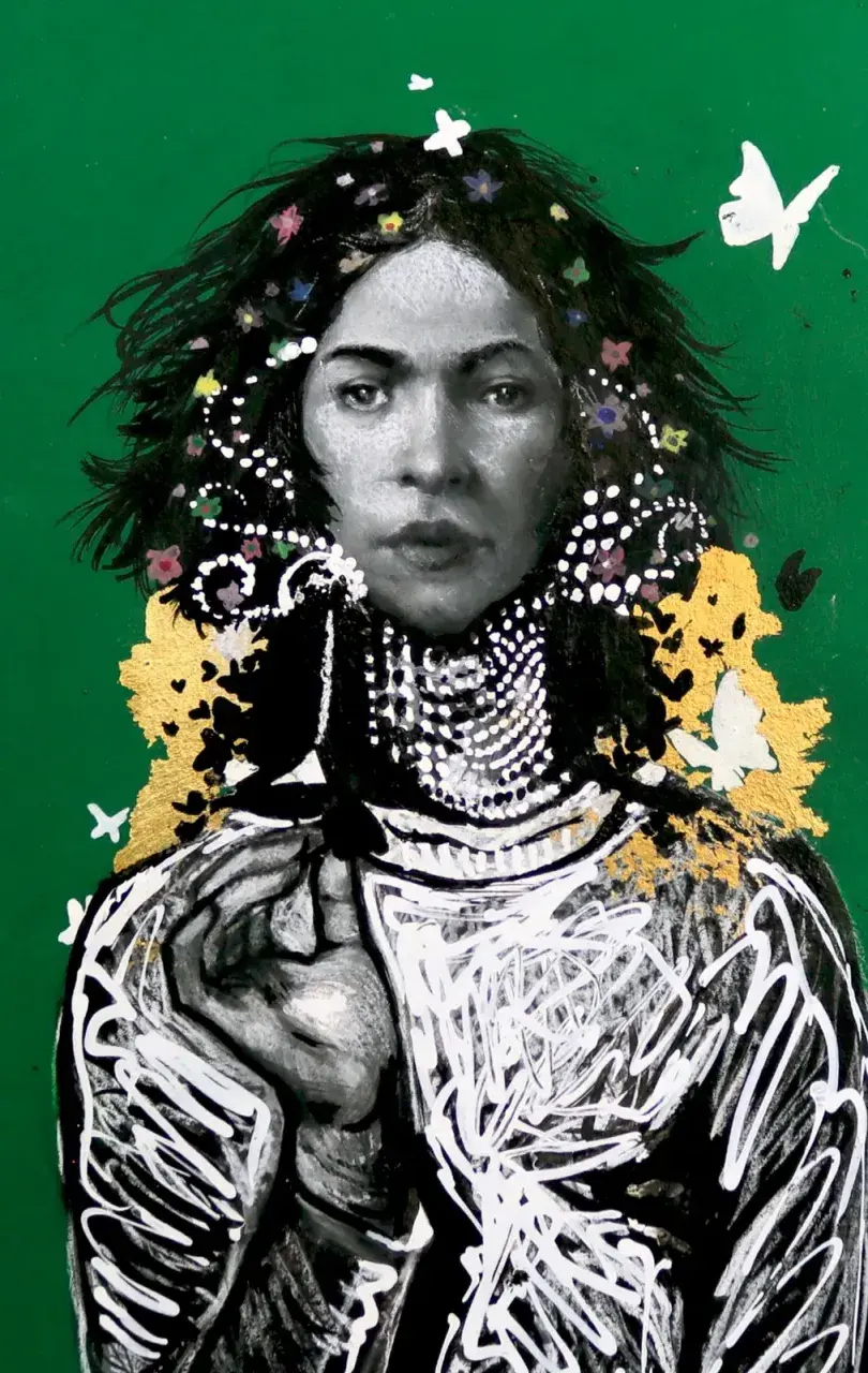 Mixed-media portrait on a green ground with white butterflies, gold leaf shapes, dotted collar marks, and expressive white linework.