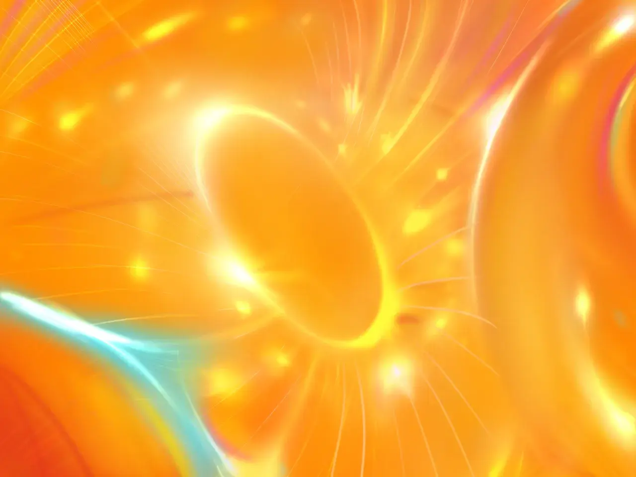 An abstract composition of glowing orange and gold light with a curved lens-like form and a cyan wisp.