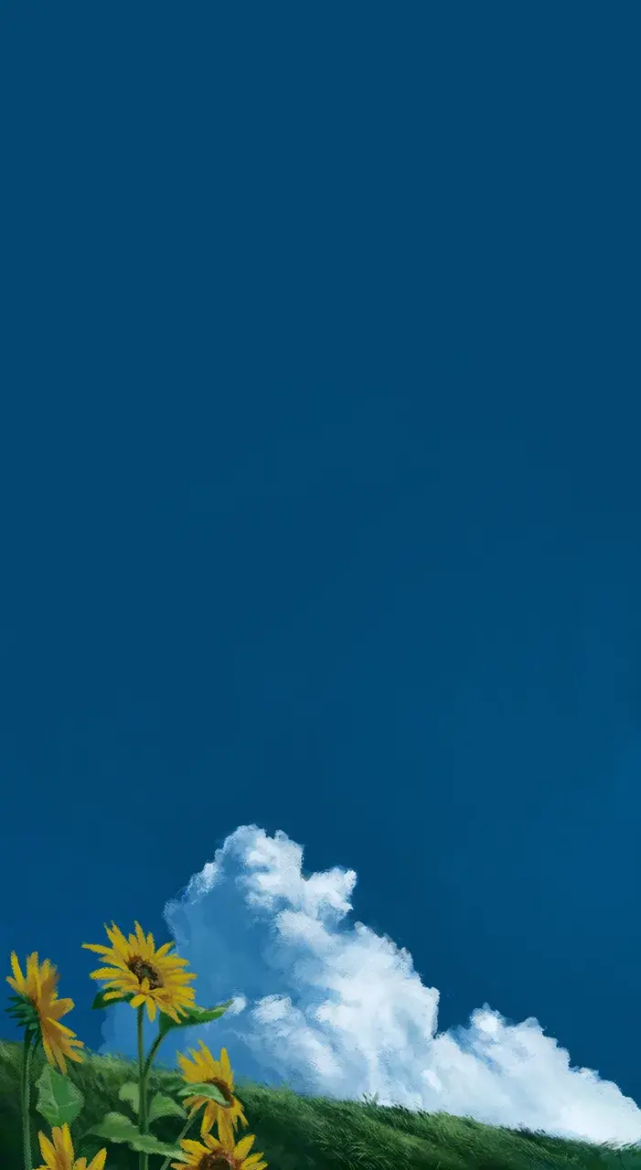Sunflowers on a green hillside beneath a tall white cloud and a deep blue sky.