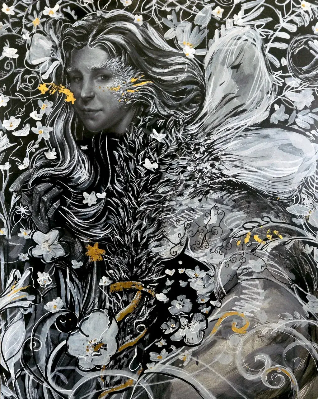 Black, white, and gold mixed-media portrait surrounded by flowers, wings, and ornamental linework.