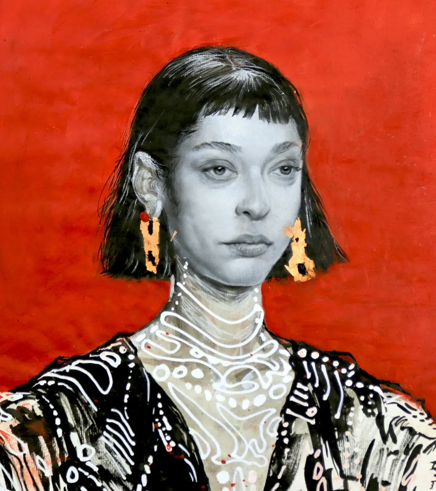 Portrait with short dark hair, red background, gold earrings, and white painted marks on the neck and clothing.