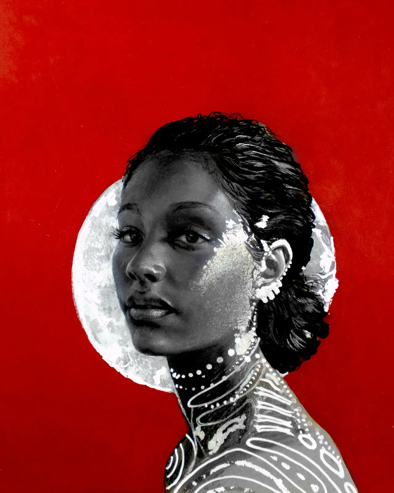 Profile portrait on a vivid red ground with a silver moon circle behind the head and white body markings.