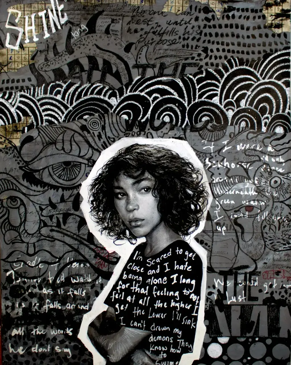 Dense mixed-media collage with a small portrait figure, handwritten text, eyes, waves, grids, and the word Shine.