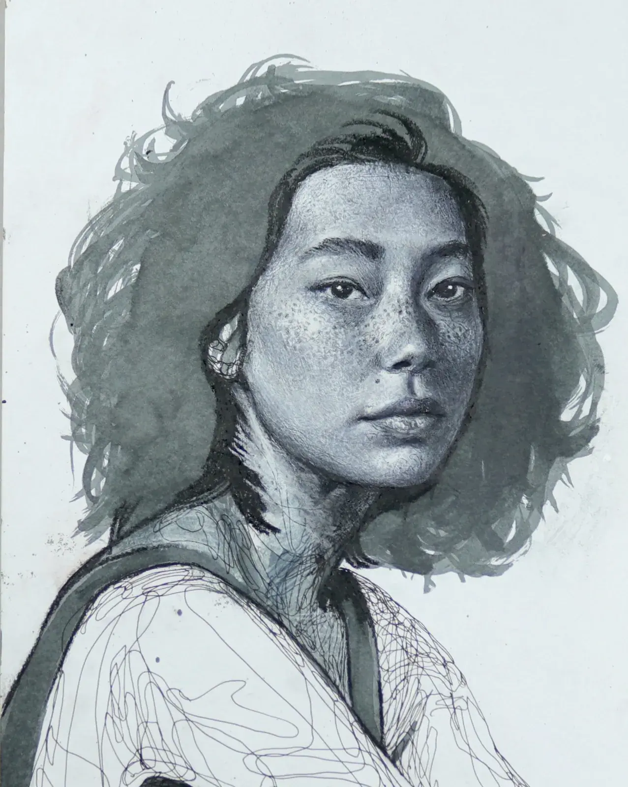 Ink and wash portrait of a woman with voluminous hair and fine line texture.