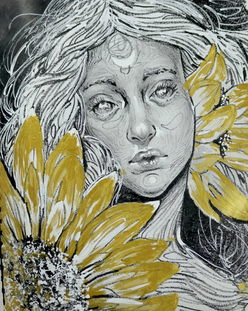 Graphite and paint portrait framed by large metallic gold sunflowers.