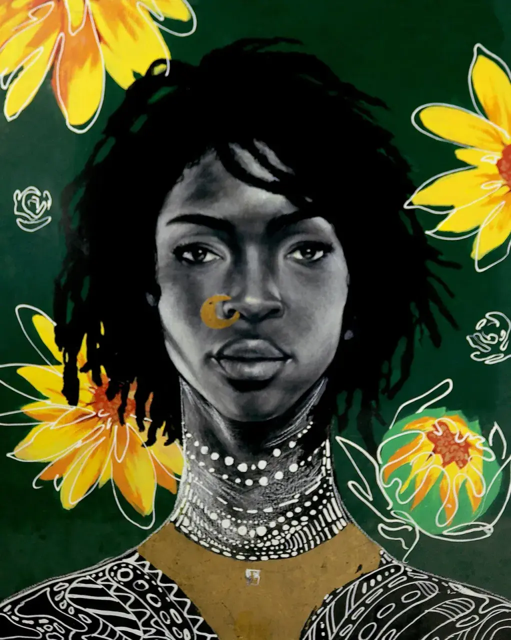Portrait of a Black figure against a deep green field with yellow flowers and white ornamental linework.