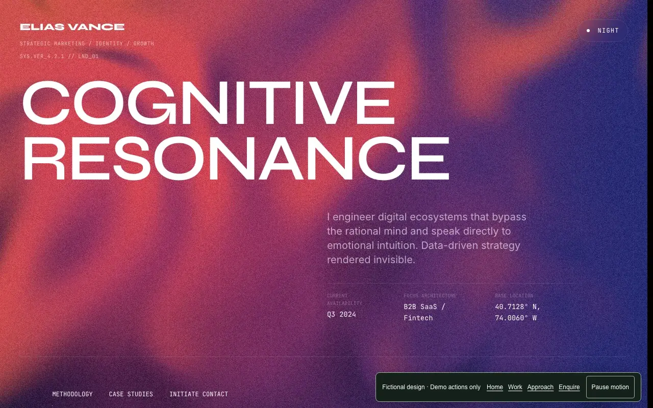 Cognitive Resonance website template, with oversized white typography over a red and blue generative field.