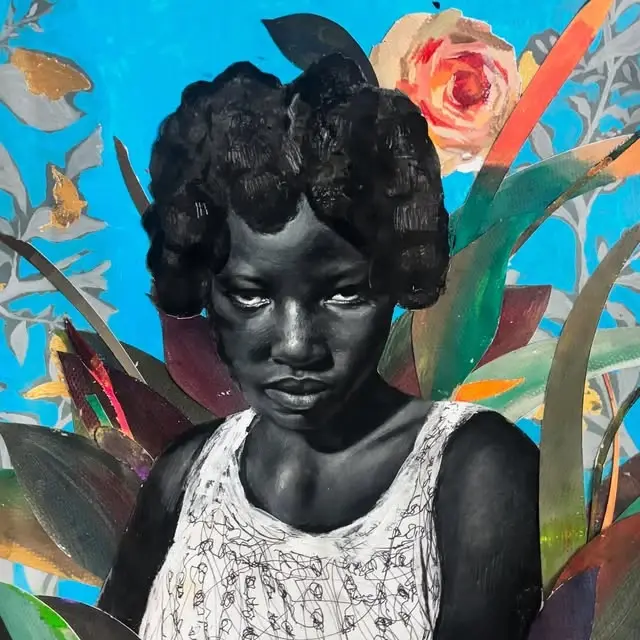 A dark-haired portrait against cyan, flowers and botanical collage.