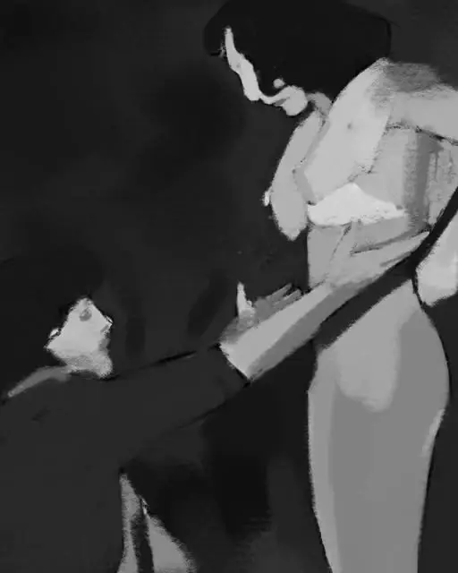 A monochrome figure study with loosely drawn lines.