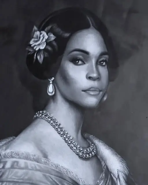 Monochrome portrait with flowers woven into the hair.