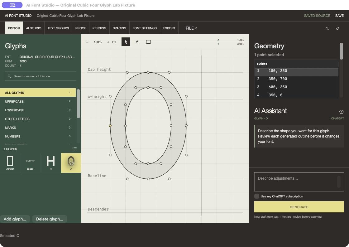 AI Font Studio editor with the O outline, glyph library and geometry controls in a four-glyph development fixture.