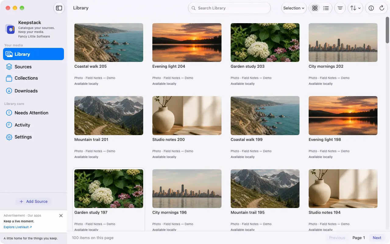 Keepstack native Mac library showing collections and media in a review build.