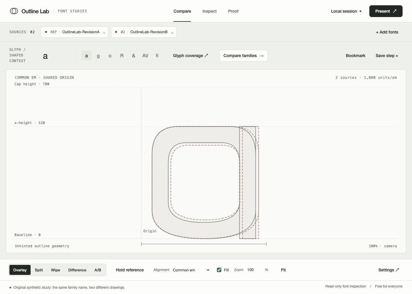 The live Outline Lab comparison workspace, overlaying two included sample revisions of the lowercase a on a shared baseline.