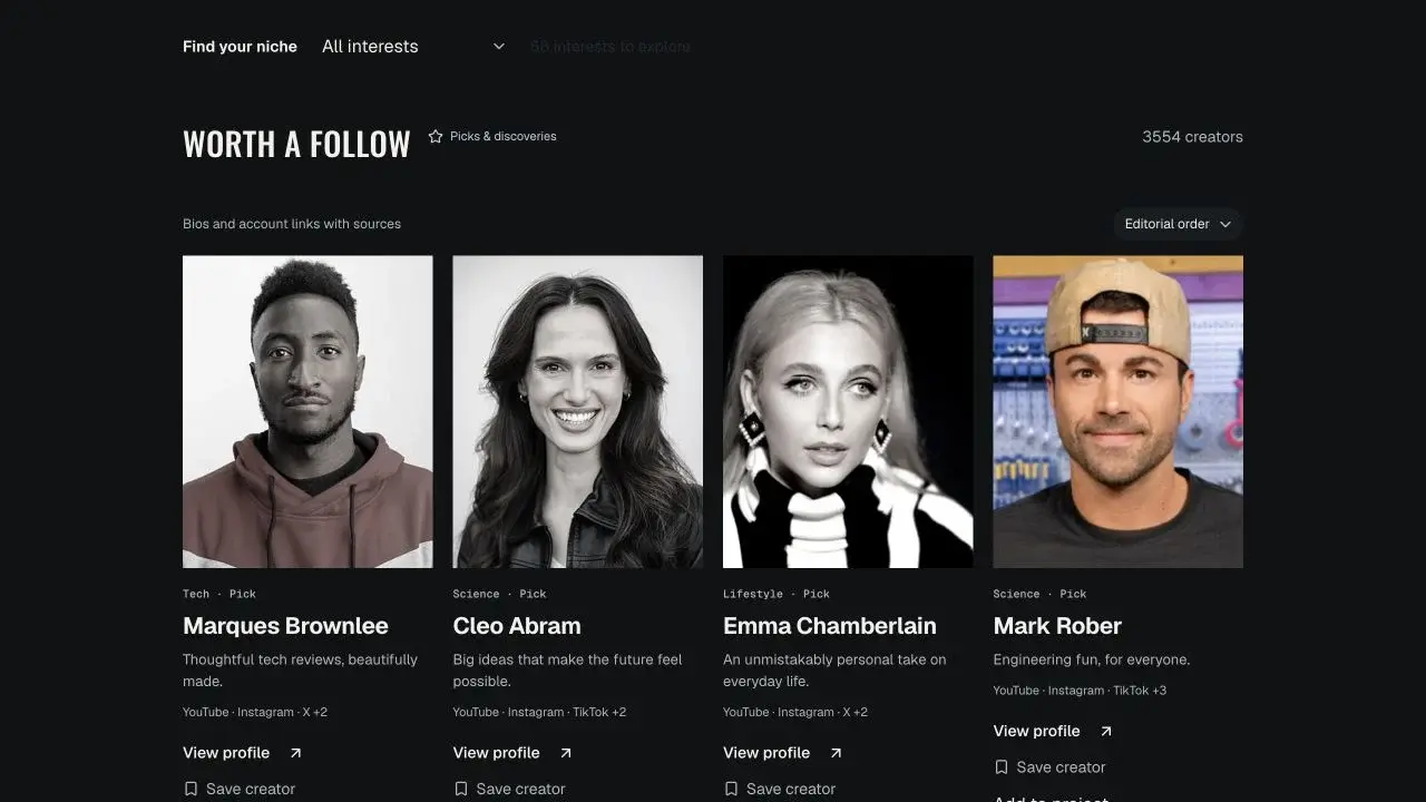 Who to Follow creator directory with profile cards and discovery filters.