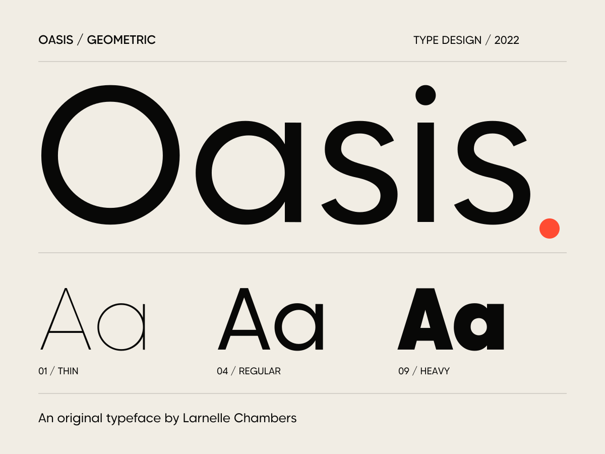 Oasis Geometric specimen showing Thin, Regular, and Heavy letterforms.