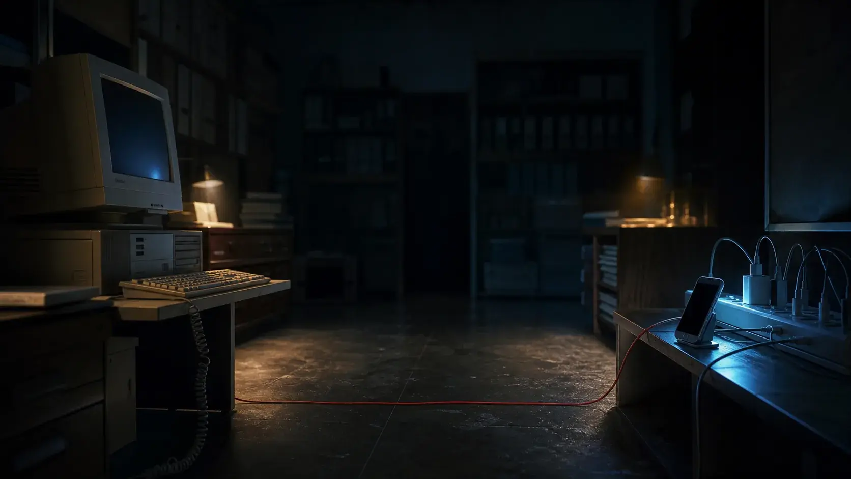 Chapter illustration: an early desktop computer and a modern phone connected across a dark room.