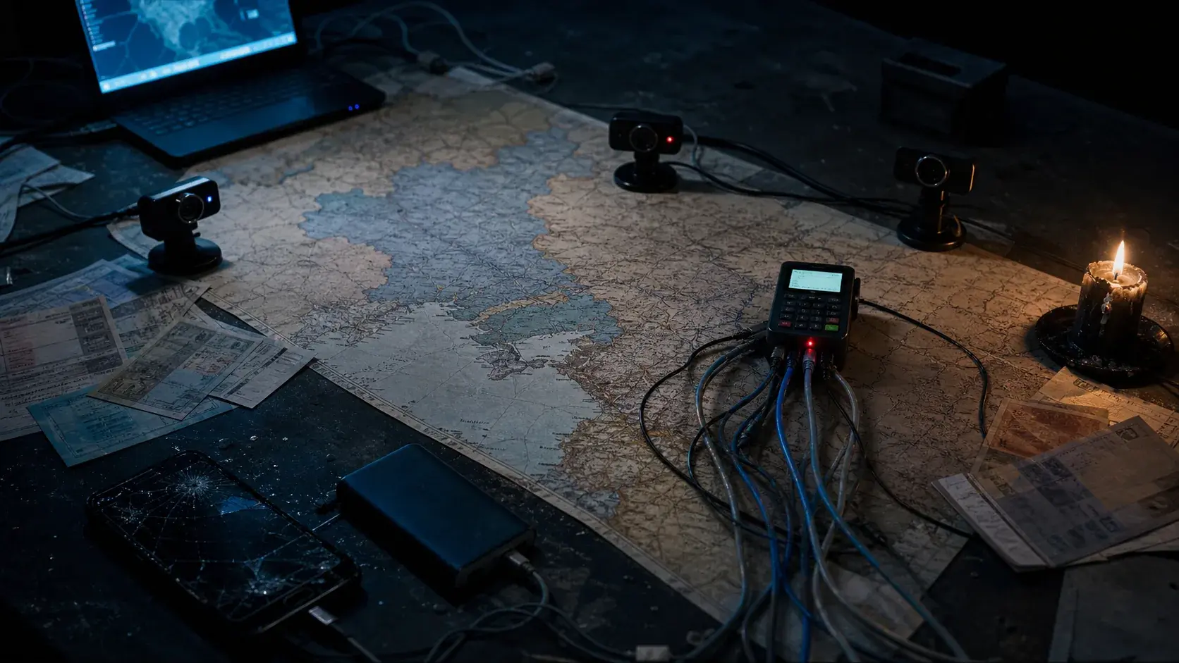 A divided research table with a displacement map beside a separate webcam-studio case file.