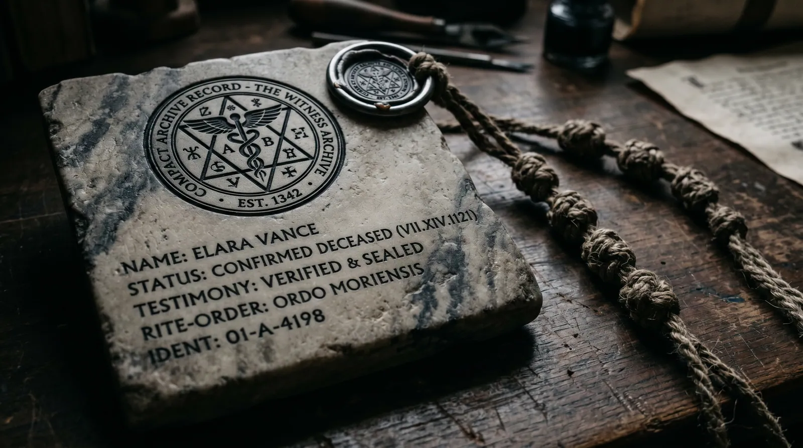 A recovered archive record — weathered documents under an emblem.