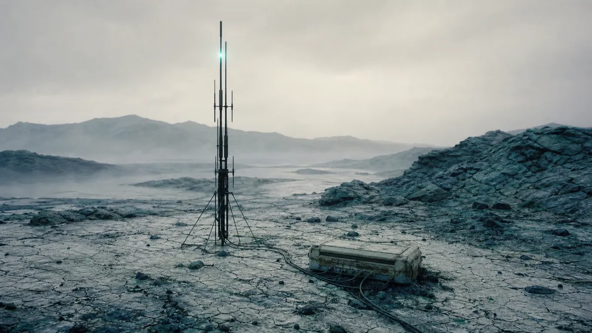 A thin antenna array pulsing with faint cyan light on cracked pale flats.