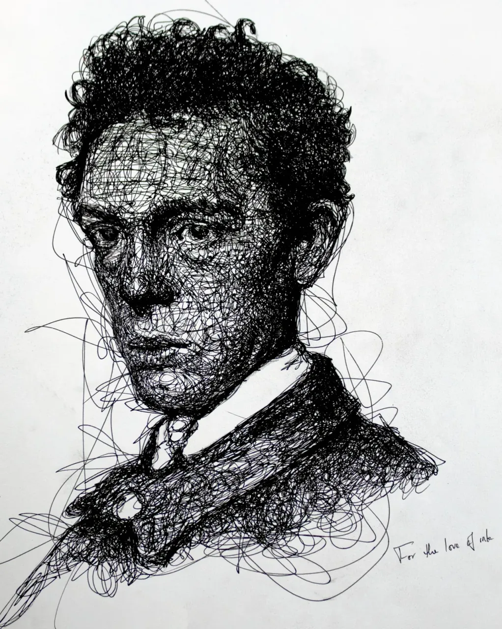 Black ink portrait made from dense overlapping scribbled lines.
