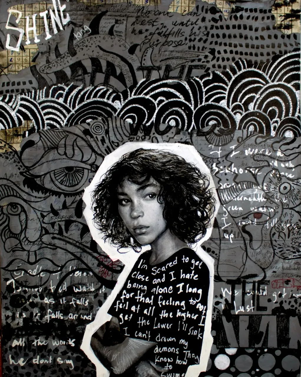 Dense mixed-media piece with handwritten notes, grids, symbols, and a central figure.