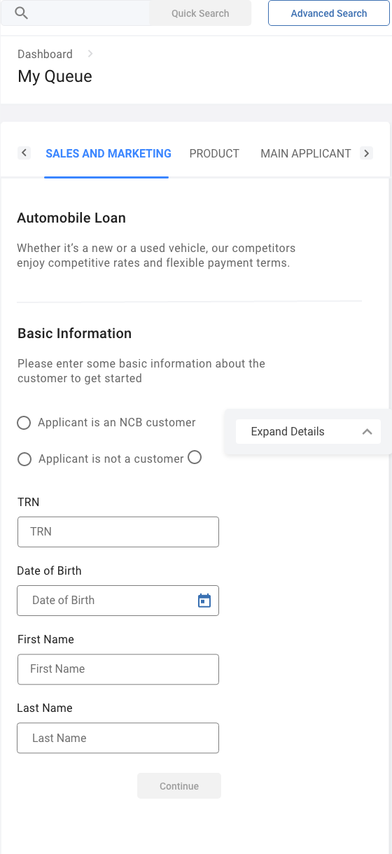 Original loan application workspace with queue navigation, section tabs, and blank applicant fields.