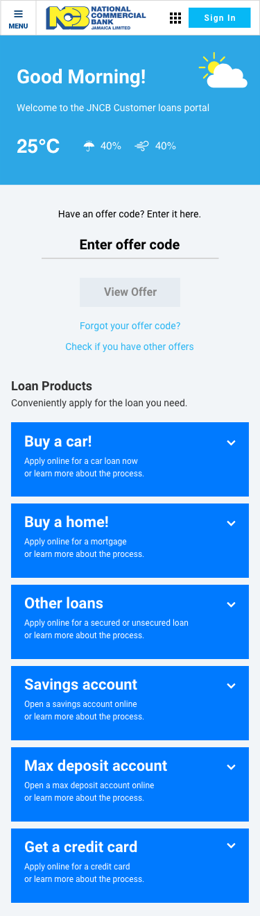 Loan portal detail with offer-code entry above expandable product groups for automobile, mortgage, other loans, accounts, and cards.