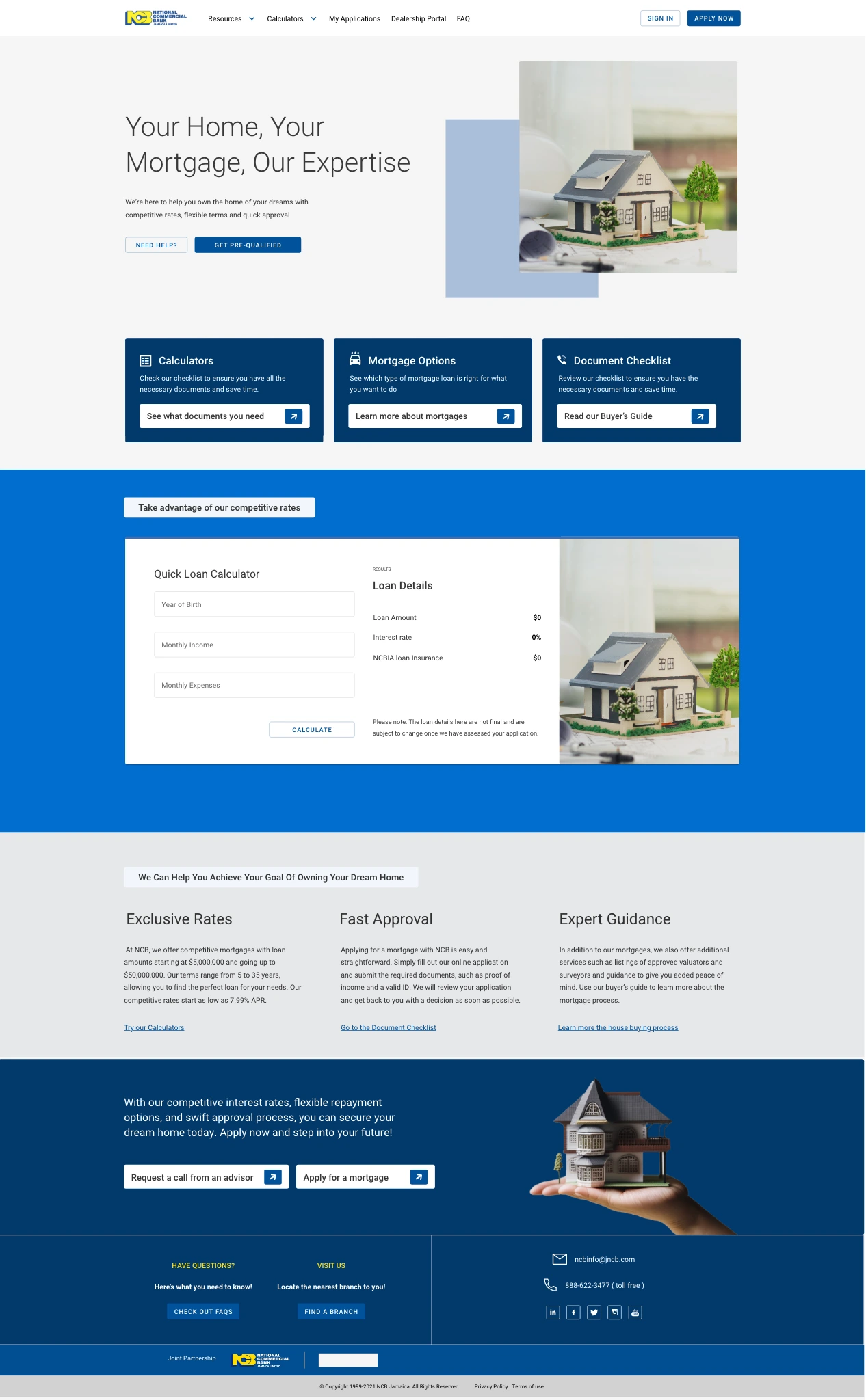 Original mortgage design with home imagery, product resources, document guidance, and a loan calculator.