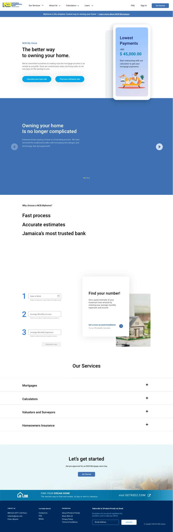 Original MyHome mortgage ideation artboard, with an estimated-payment card, staged calculator inputs, and service sections.