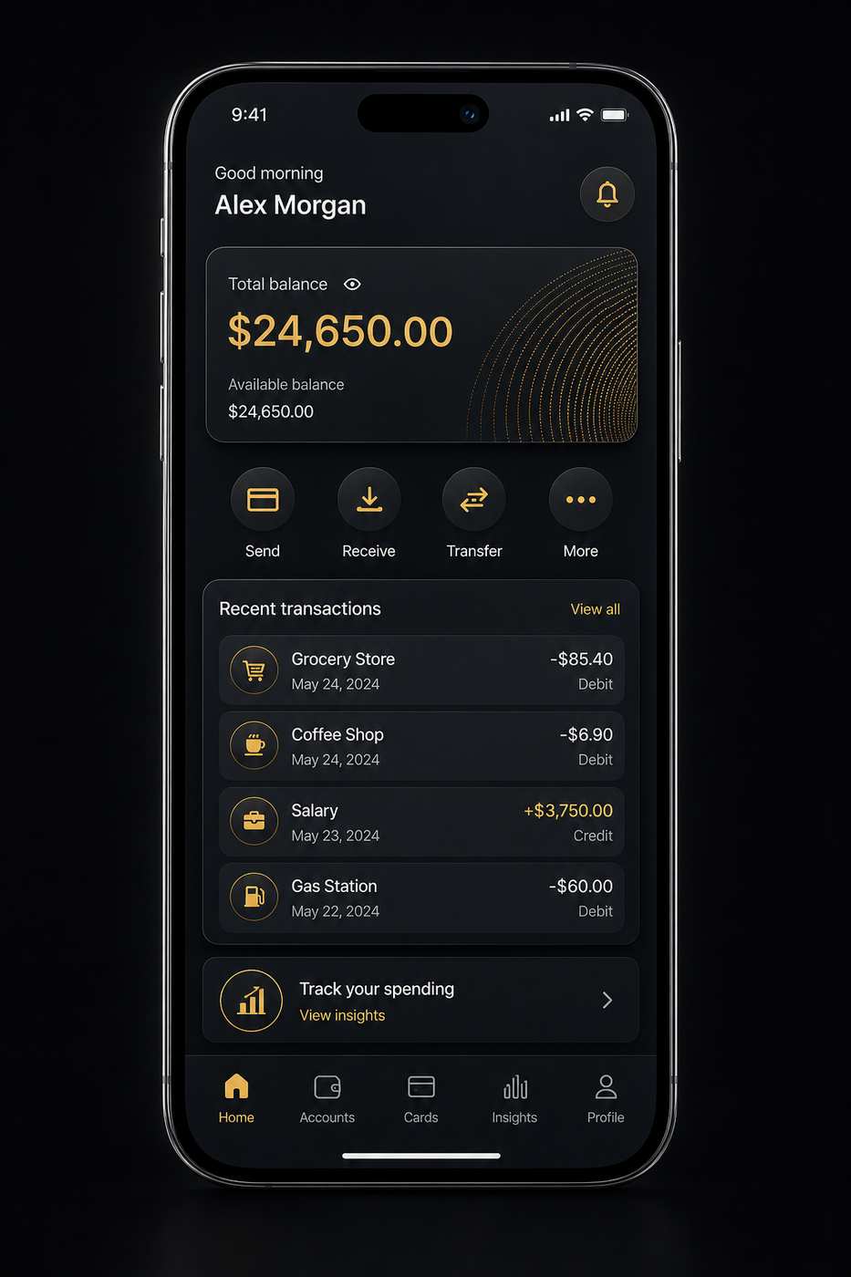 Smartphone mockup showing the mobile banking app — dark theme with account balance and gold accent elements.
