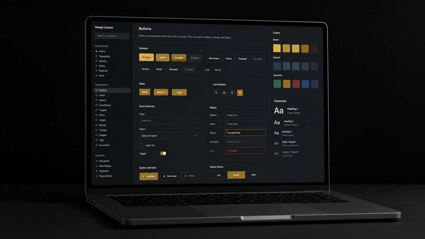 Laptop mockup showing the Oasis design system component library on a dark background — structured UI components in gold and dark blue.