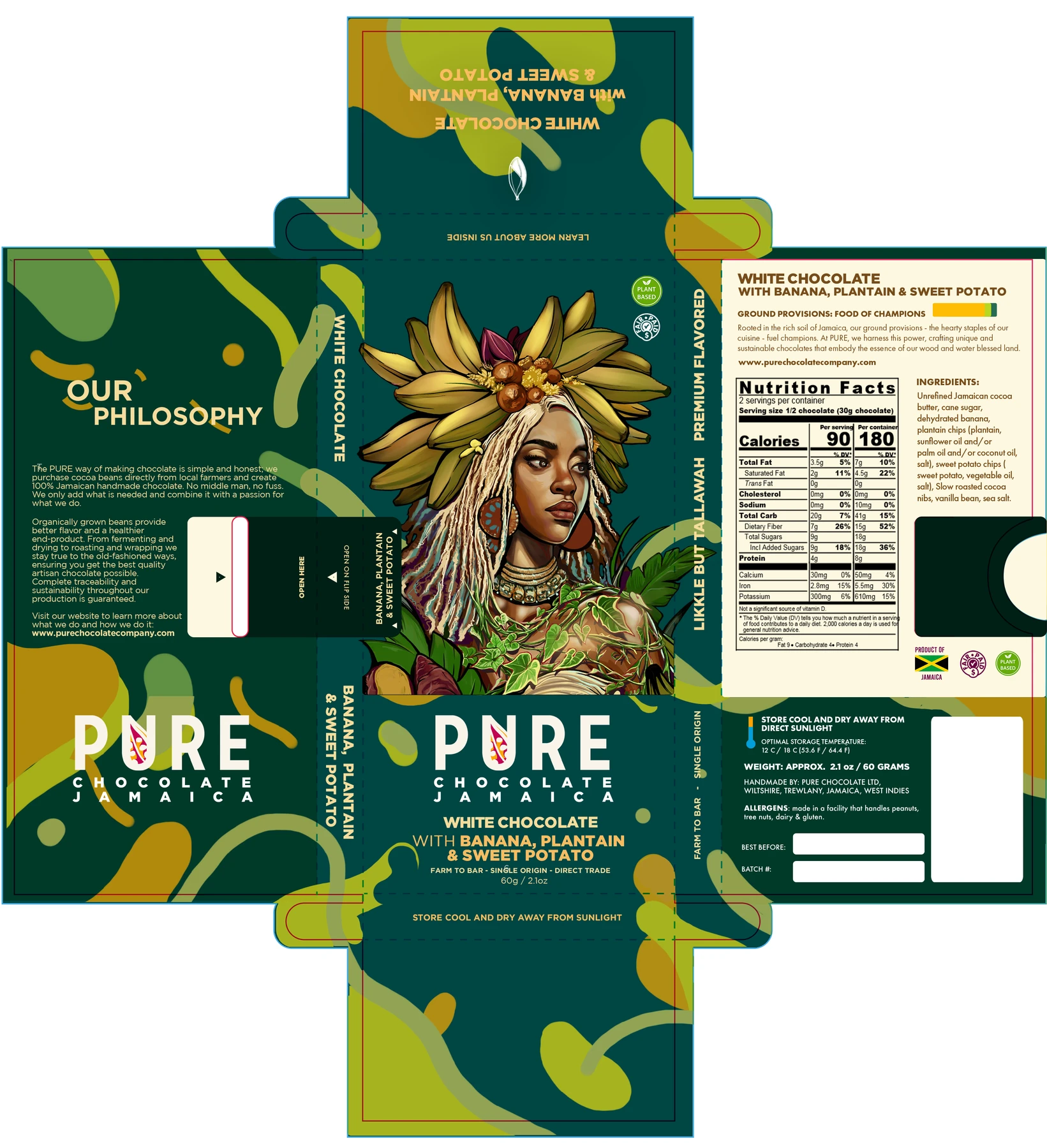 Complete Banana, Plantain and Sweet Potato carton artwork, with a plantain-crowned portrait, teal and yellow panels, folding flaps and a separate nutrition panel.