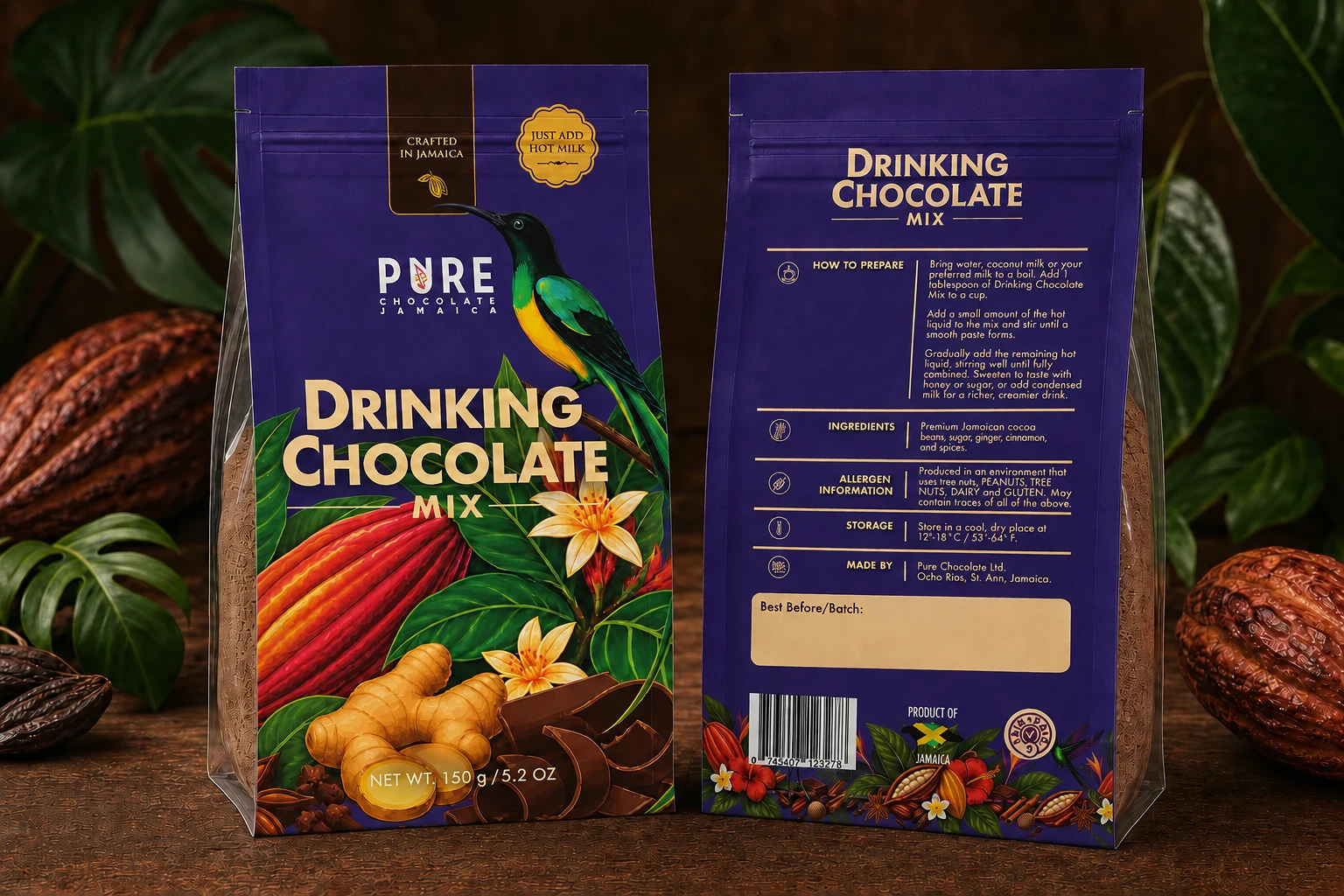 Drinking Chocolate Mix presentation mock-up, front and back — violet packs with hummingbird, ginger and cacao artwork, marked 150 g / 5.2 oz.