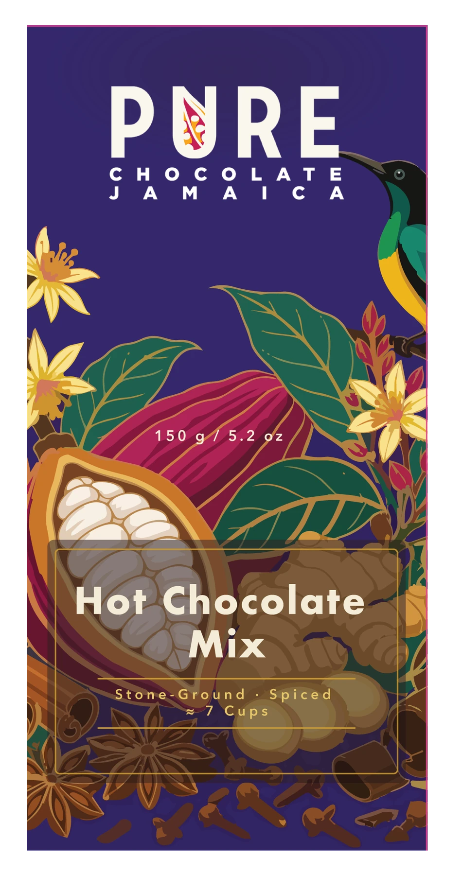 Early violet Hot Chocolate Mix label, with a large PURE mark, hummingbird, cacao and ginger above a lower product-name panel.