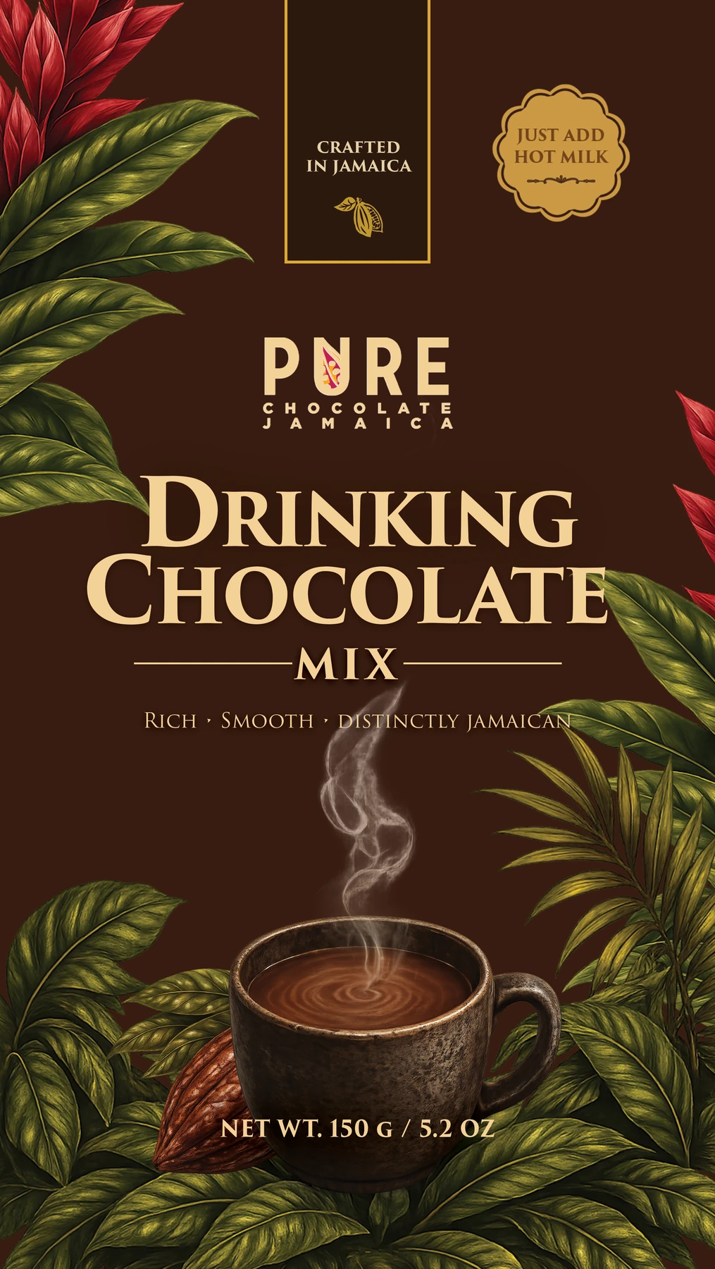 Brown Drinking Chocolate Mix revision with a central serif product name, foliage, a steaming cup and 150 g / 5.2 oz weight.