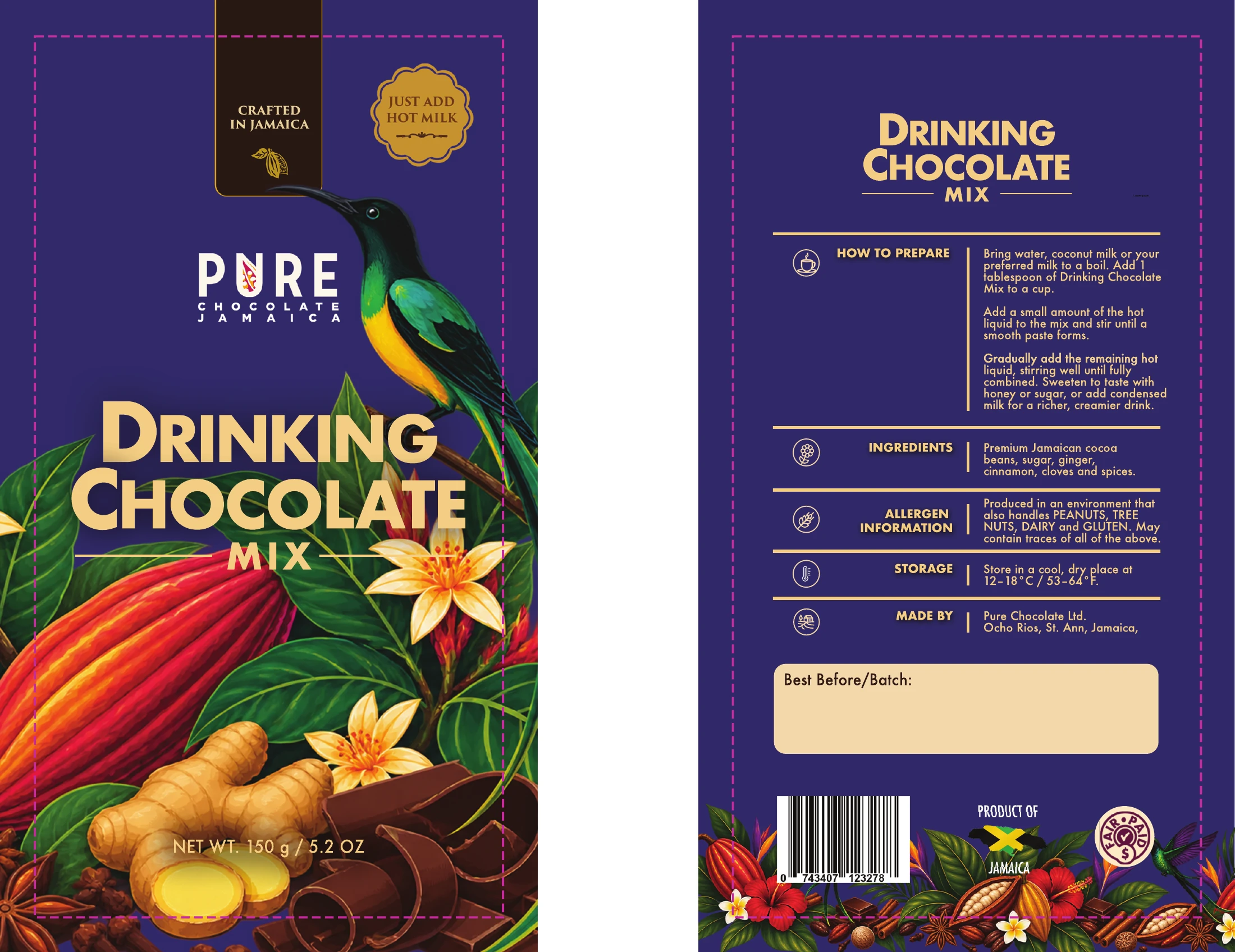 Current violet Drinking Chocolate Mix front and back artwork, with hummingbird and botanical illustration, 150 g / 5.2 oz, and visible magenta layout guides.