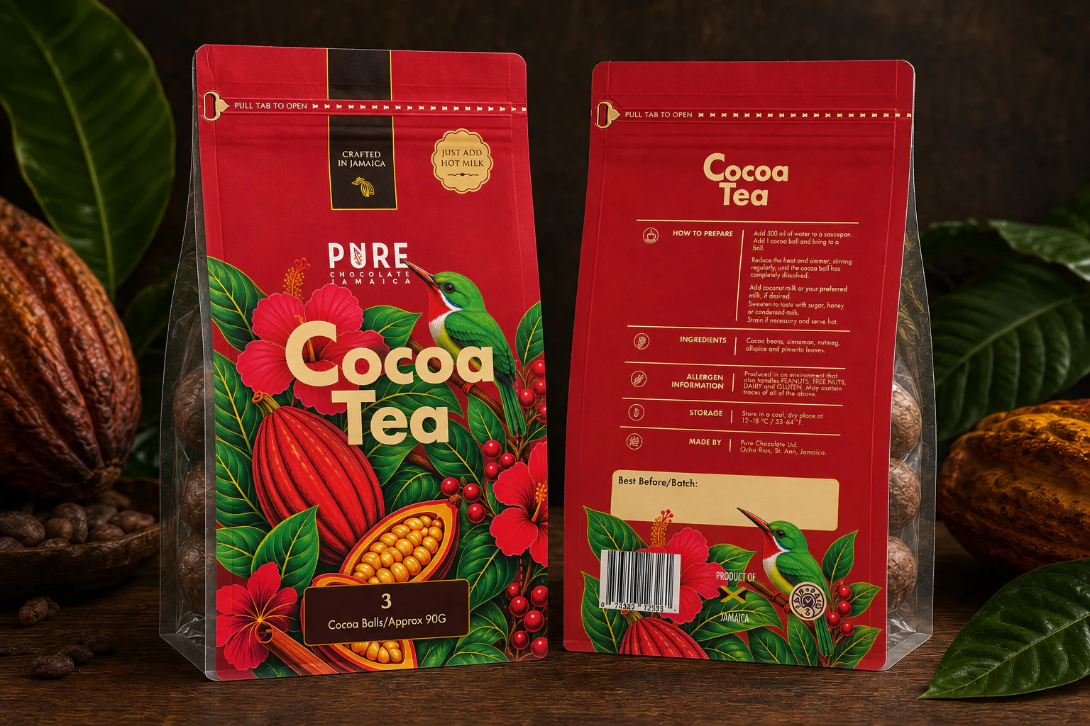 Pure Chocolate Jamaica Cocoa Tea final-stage packaging design mock-up.