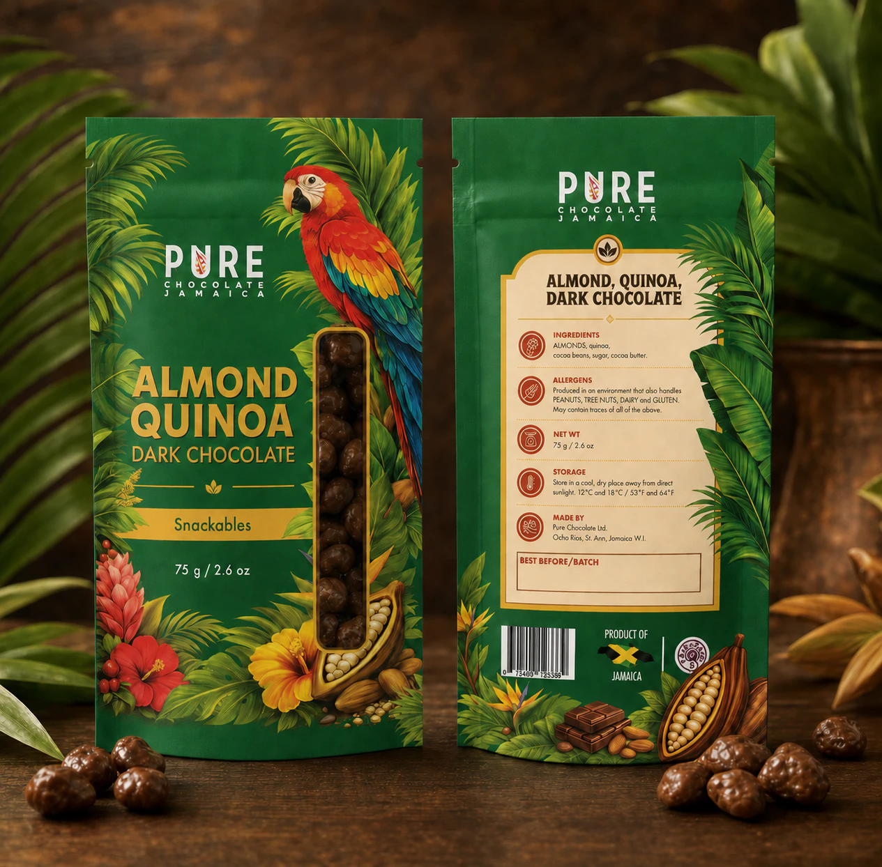 Final Almond, Quinoa, Dark Chocolate Snackables pouches — green tropical packs with a clear window of chocolate-coated clusters.