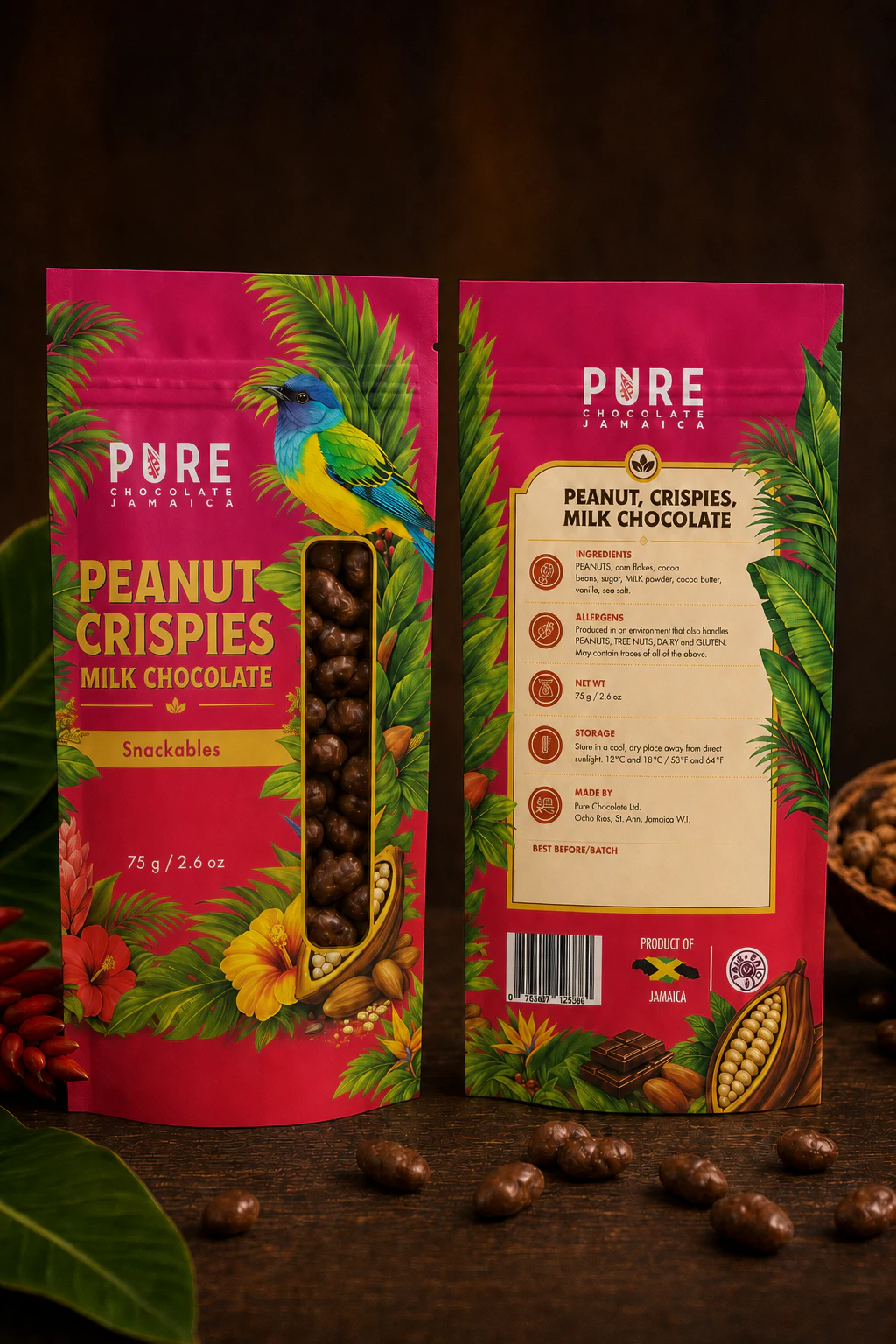 Final Peanut, Crispies, Milk Chocolate Snackables pouches — magenta tropical packs with a clear window of chocolate-coated clusters.