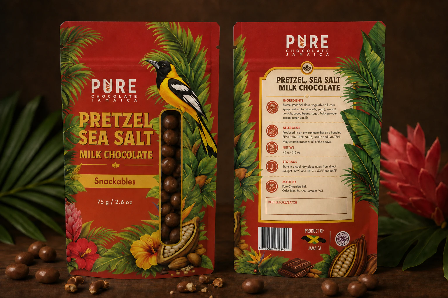Final Pretzel, Sea Salt, Milk Chocolate Snackables pouches — red-orange tropical packs with a clear window of chocolate-coated pretzels.