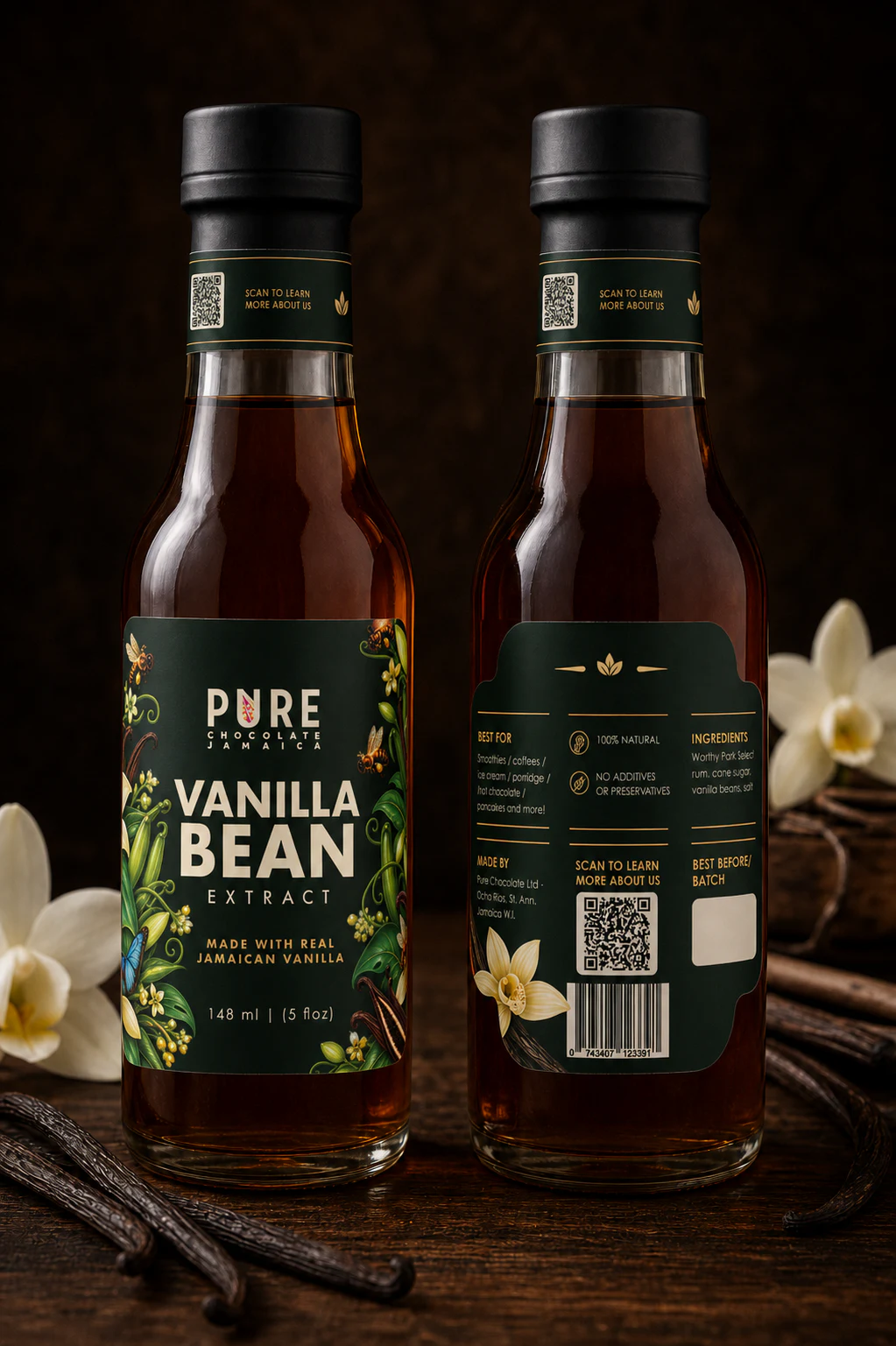 Final Vanilla Bean Extract bottles front and back — amber bottles with dark-green botanical labels and branded neck bands.