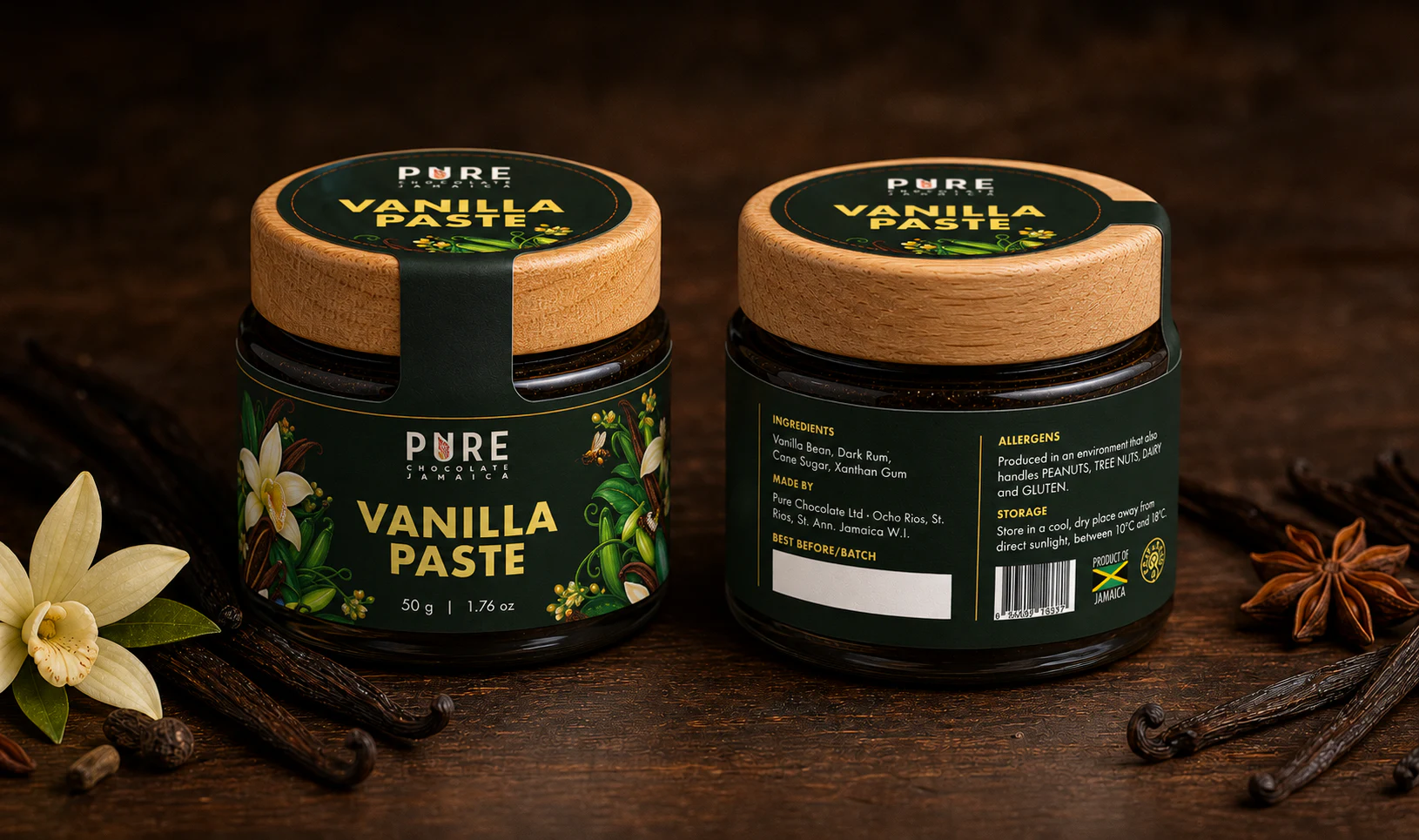 Final Vanilla Paste jars front and back — wooden-lidded jars with dark-green orchid wraps and lid seals.