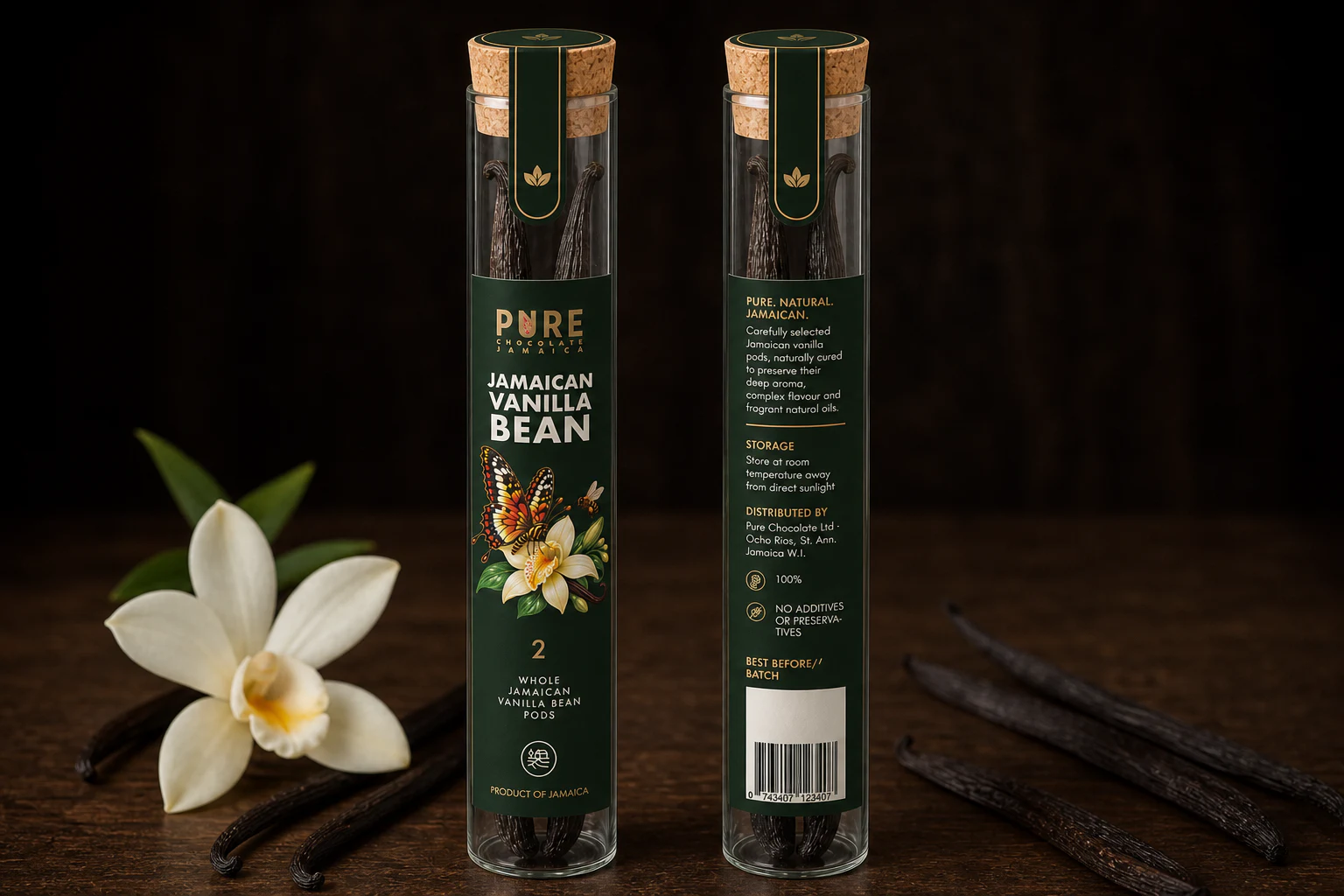 Final Jamaican Vanilla Bean Pods tubes front and back — corked glass tubes with dark-green wraps and tamper seals.