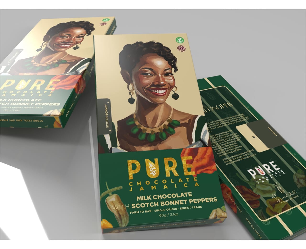 3D mock-up of the milk-chocolate Scotch Bonnet carton — a deep-green box with the painted woman and scotch bonnet peppers, shown beside the Round Hill philosophy panel.