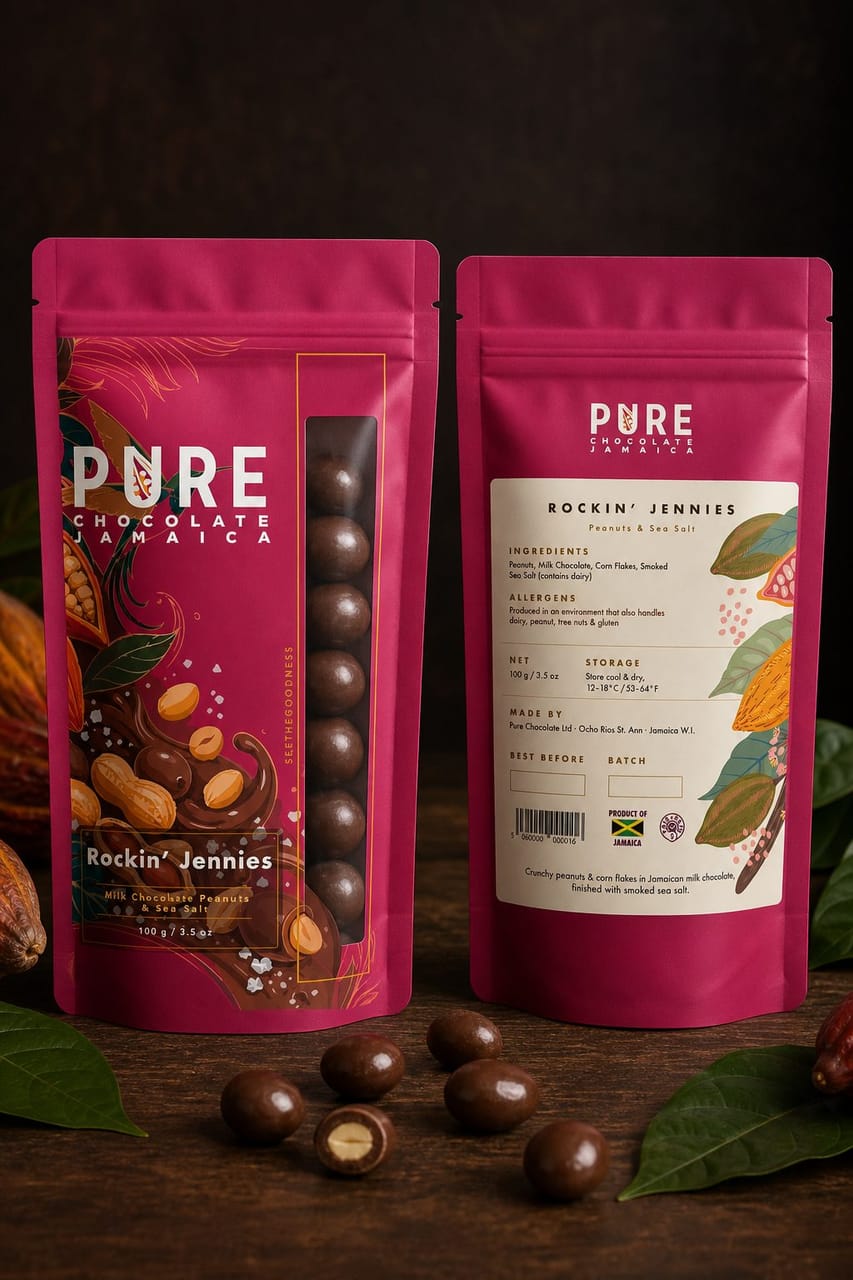 Rockin’ Jennies pouches — magenta packs with a window of chocolate-covered peanuts and painted peanuts tumbling through a chocolate swirl.