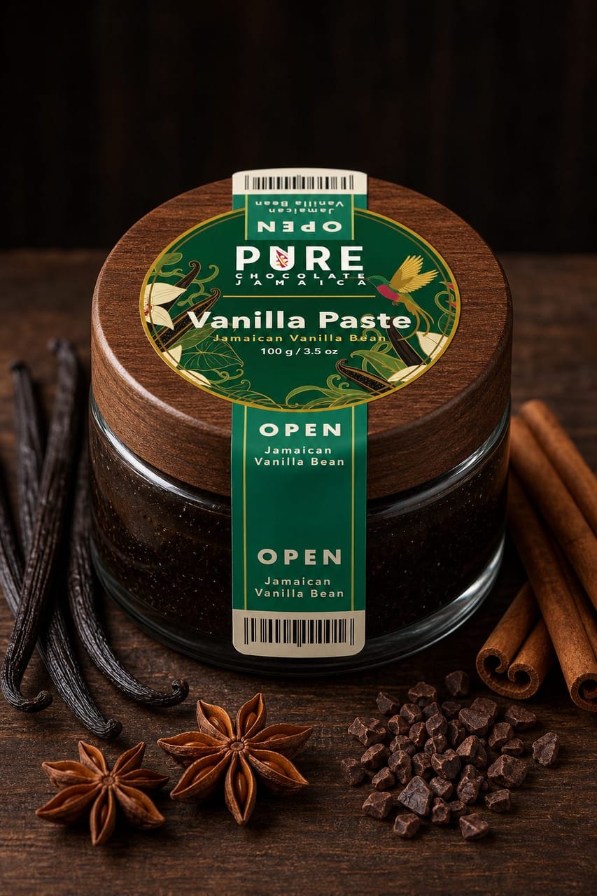 Vanilla Paste jar from above — the wooden lid lifted at an angle over the green orchid label, vanilla pods scattered on the table.