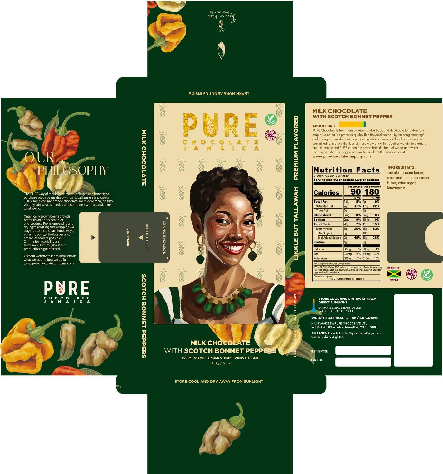 Complete Round Hill Scotch Bonnet carton artwork: a painted portrait on a cream front, pepper illustrations on deep-green panels, product information and folding flaps.