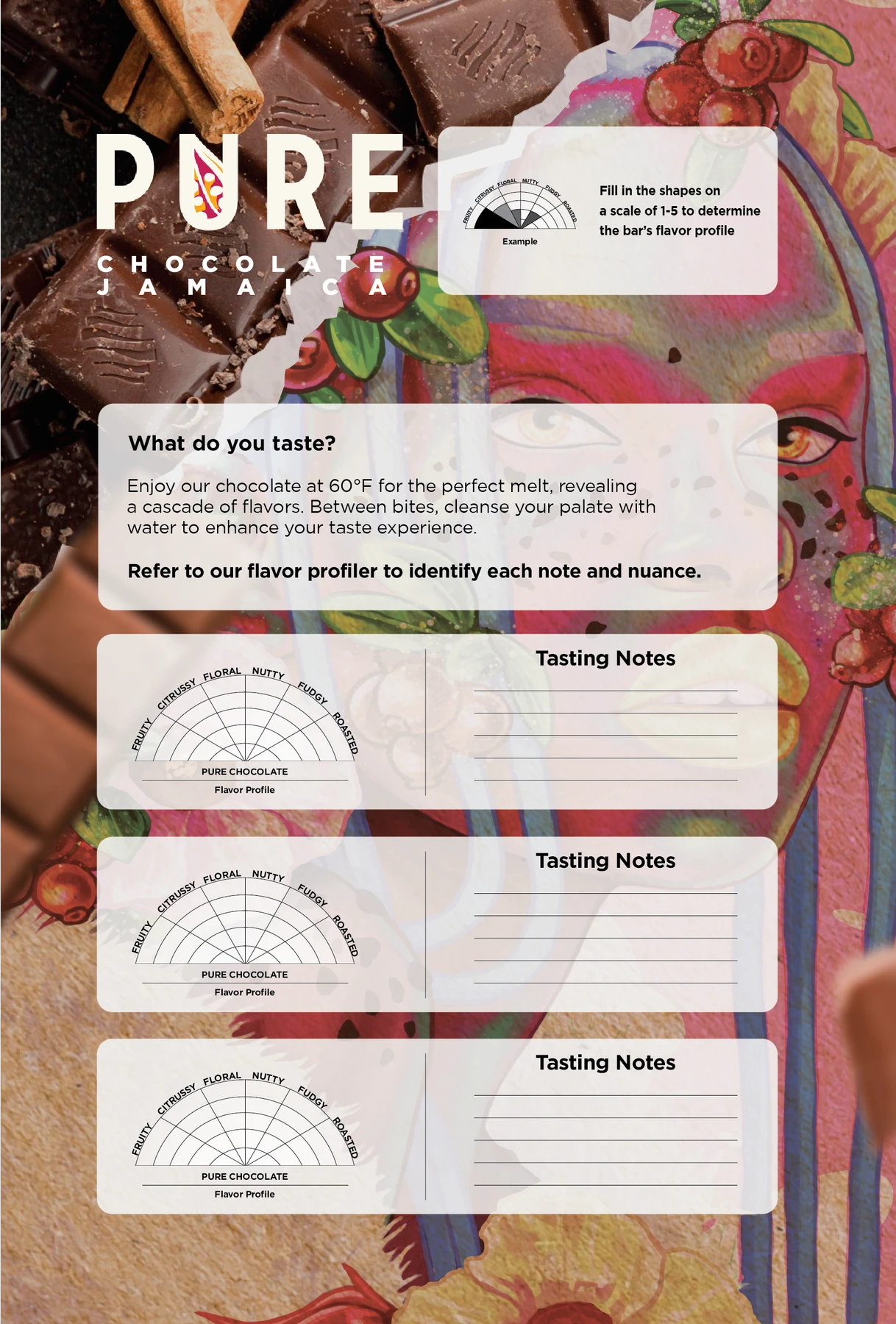 PURE tasting-sheet artwork with an illustrated background, instructions for tasting chocolate, three flavour-profile diagrams and spaces for handwritten notes.